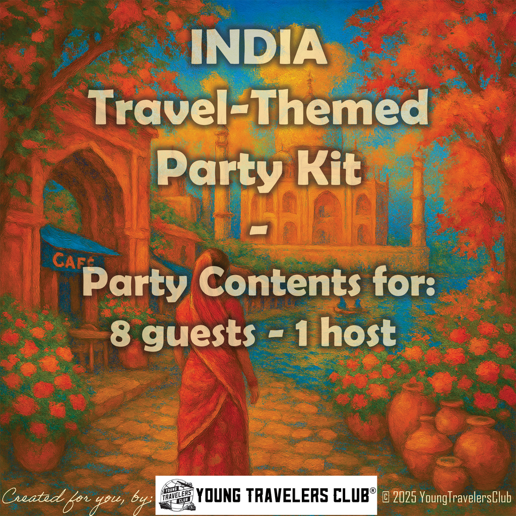 Advertisement for a 'India Travel-Themed Party Kit' by Young Travelers Club with a scenic Indian garden background.
