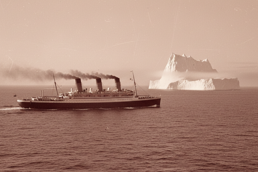 a sepia toned 1930s image of a passenger ship crossing the northern Atlantic with an iceberg in the background. 