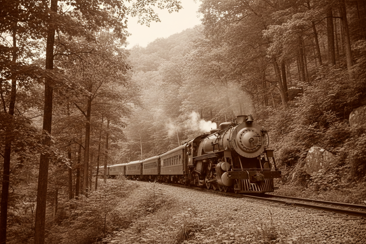 a sepia toned picture of a 1930s passenger train passing through wooded mountainside. 