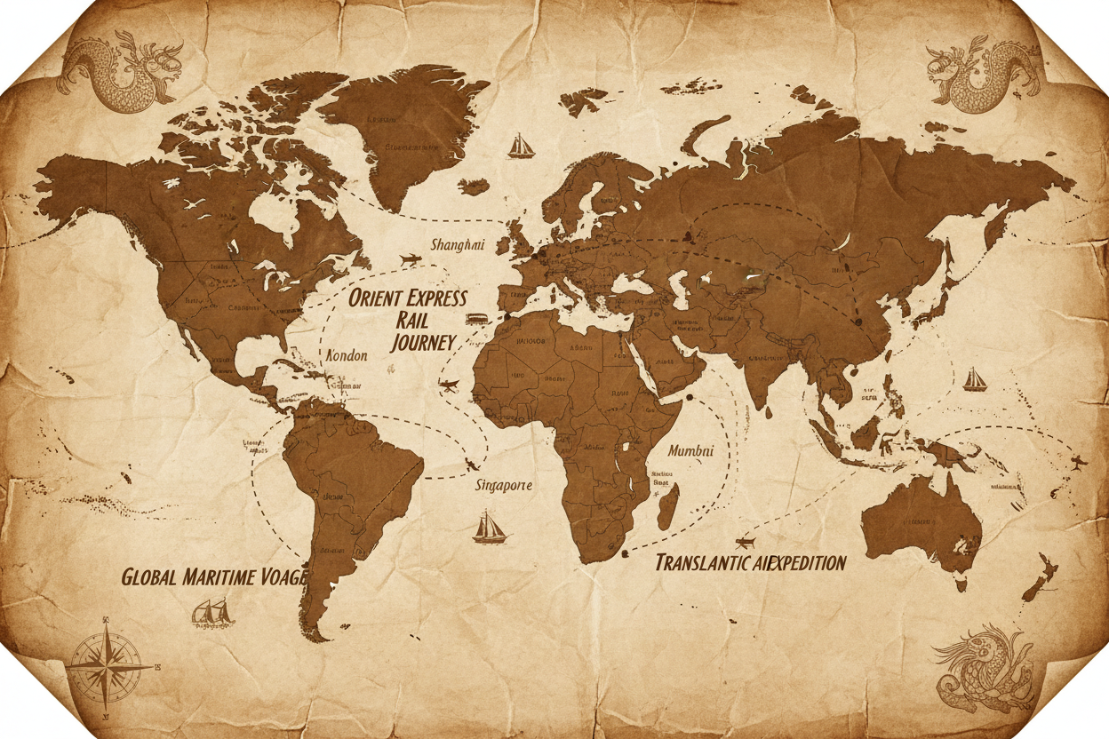 a sepia toned world map with dotted lines showing paths that a train, plane and ship have taken. 